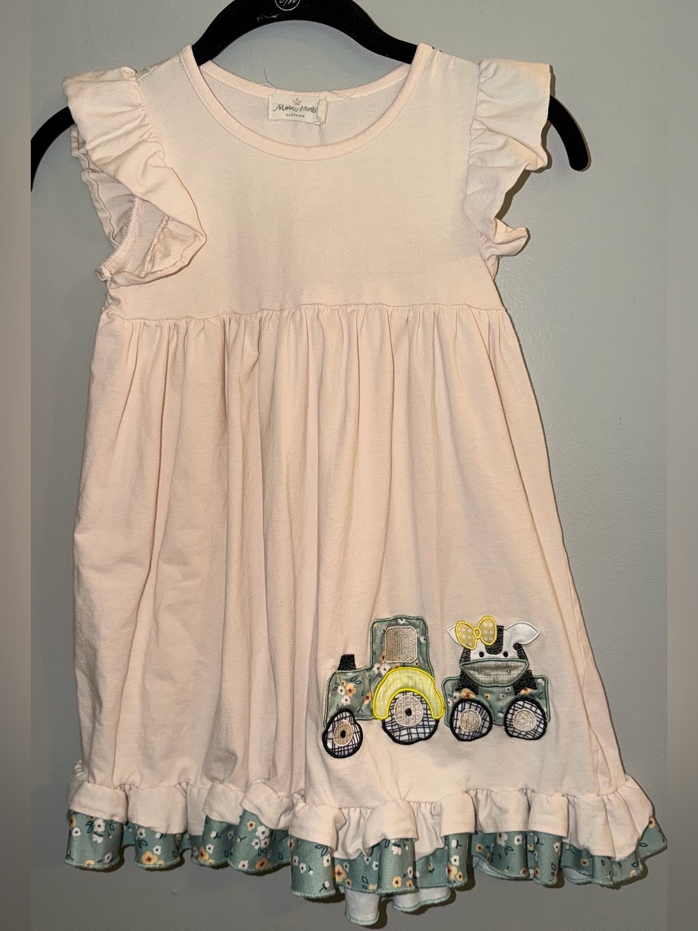 Light Pink Ruffle Kids Dress with Tractor Appliqué by Marie Nicole